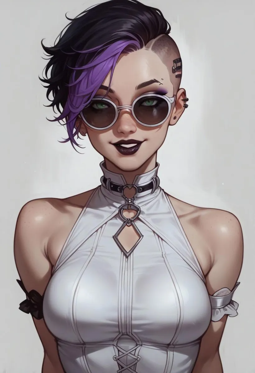 Stylish punk girl with purple hair, sunglasses, and a white top, created using AI image generation with Stable Diffusion.