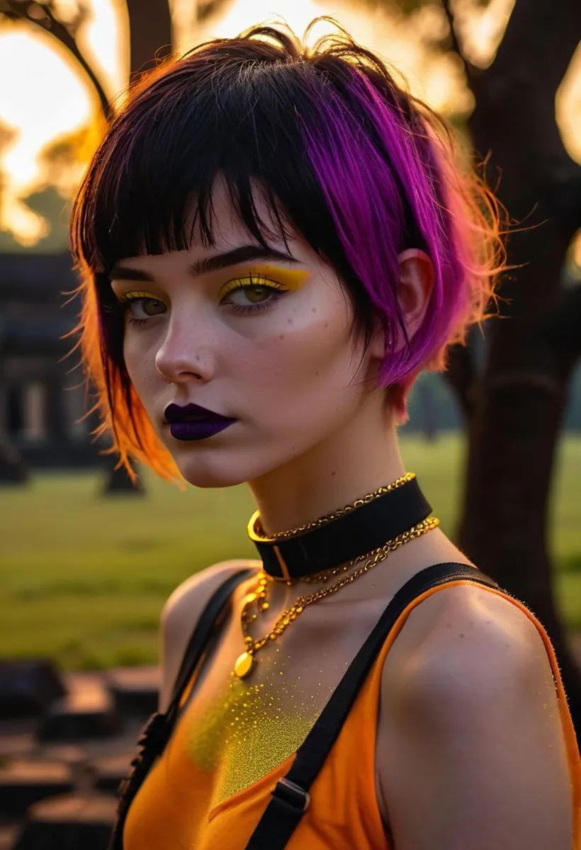 A punk-style woman with vibrant purple and black hair, yellow eyeshadow, dark purple lipstick, wearing a black choker and gold chain necklaces. This AI generated image uses Stable Diffusion.