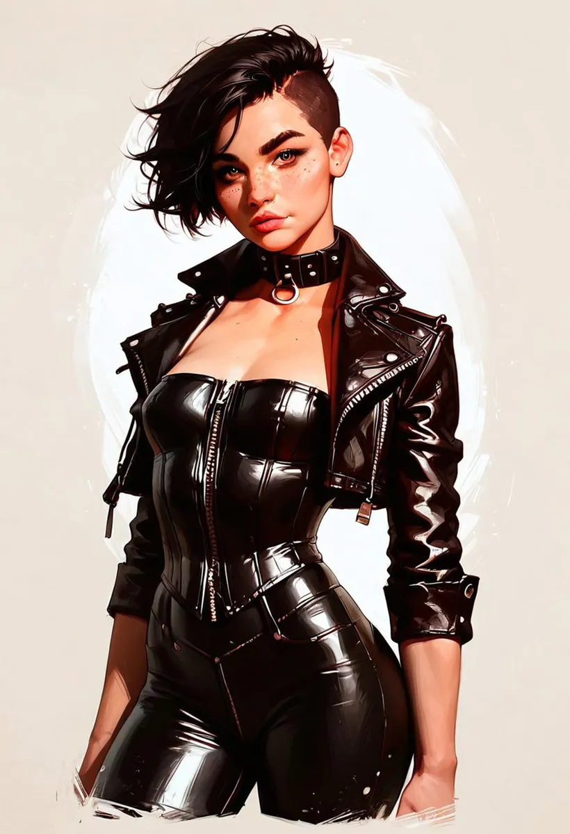 A punk woman with short, edgy black hair, wearing a leather outfit and a choker, AI generated using Stable Diffusion.