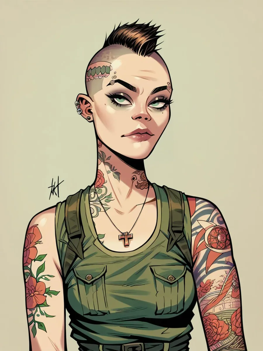 AI generated image of a punk woman with arm tattoos and a mohawk hairstyle created using Stable Diffusion.