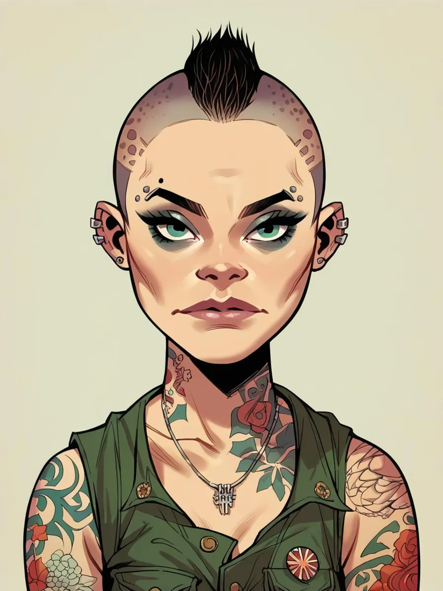A digital art image of a punk woman with tattoos, created using Stable Diffusion.