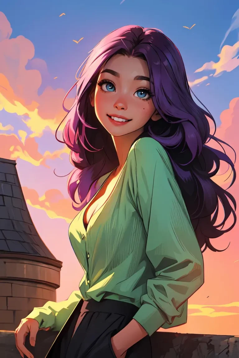 AI generated image of a purple-haired anime girl smiling with a sunset background using Stable Diffusion.