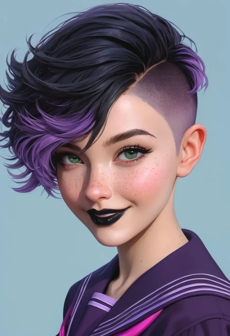 Anime-style girl with purple hair, undercut, green eyes, and black lipstick.