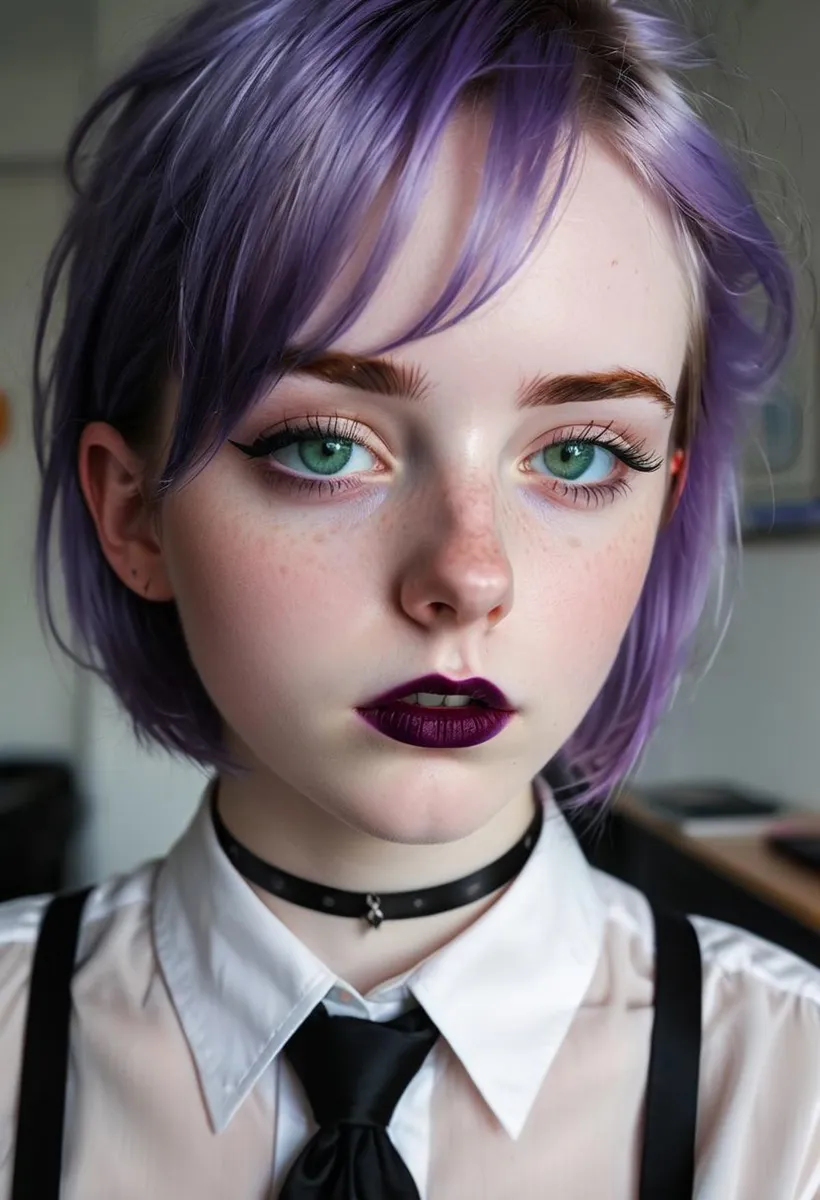 A young woman with vibrant purple hair, piercing green eyes, dark purple lipstick, and a white shirt with a black tie. AI generated image using Stable Diffusion.