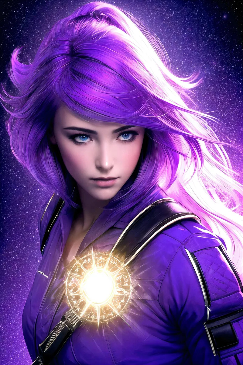 A stunning AI-generated image using Stable Diffusion featuring a woman with flowing purple hair, striking blue eyes, and a futuristic outfit with a glowing emblem.