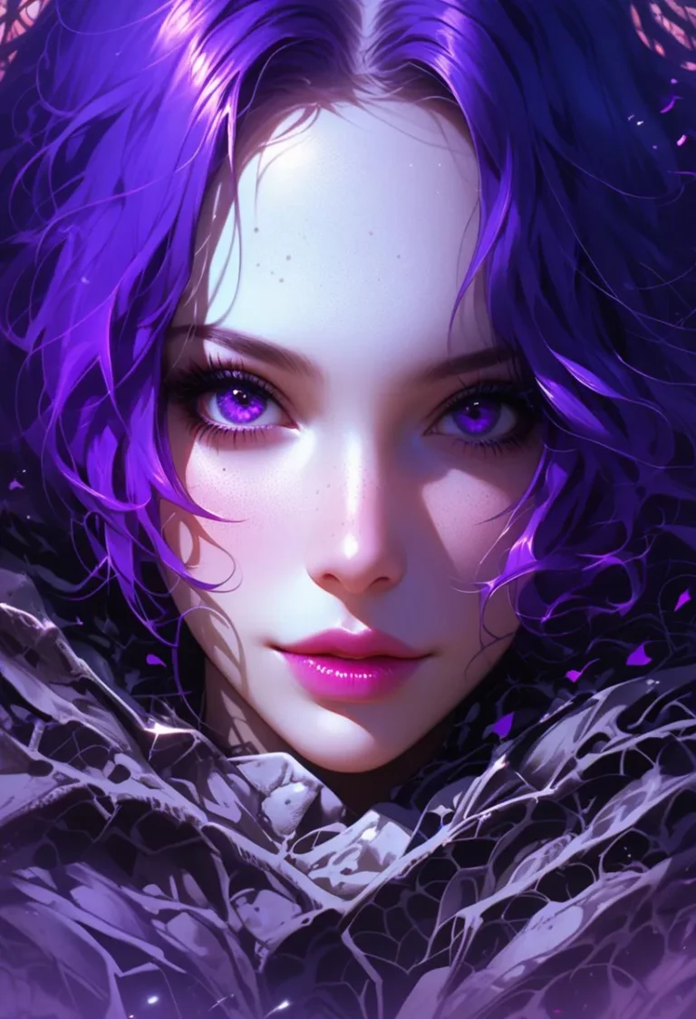 Fantasy portrait of a woman with vibrant purple hair, radiant violet eyes, and an intricate black and violet cloak, AI generated using stable diffusion.