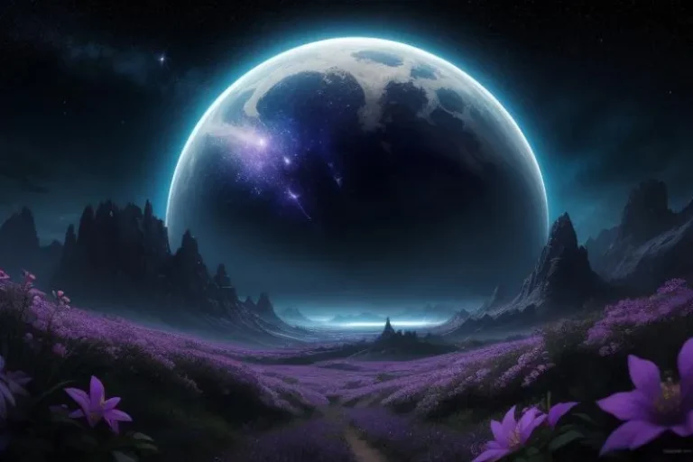 AI generated image using Stable Diffusion of a fantasy scenery with a giant moon over a purple flower field.