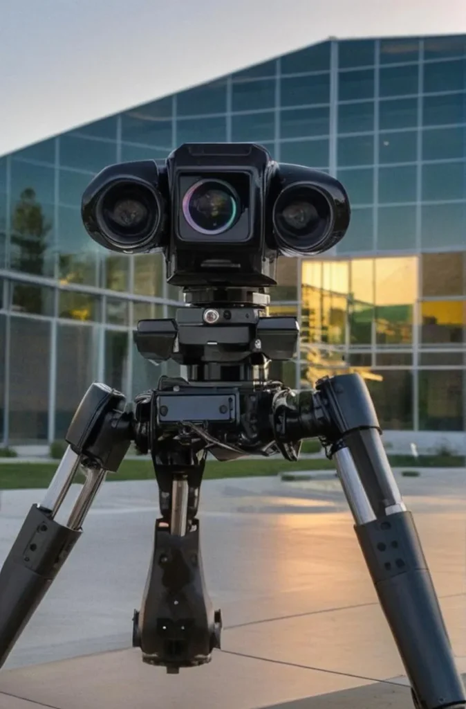 AI generated image of a quadruped robot with three cameras standing in front of a modern glass building using stable diffusion.