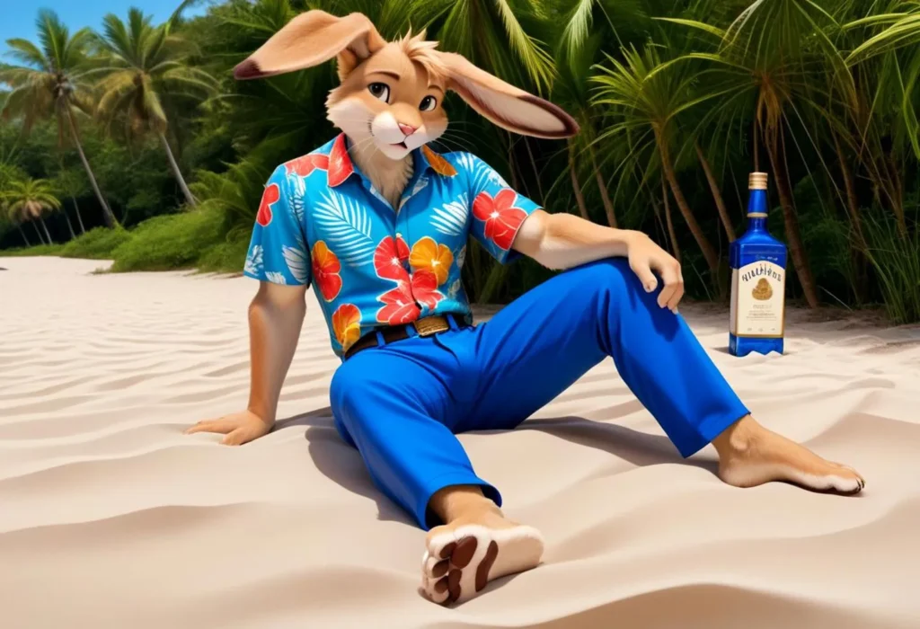 An anthropomorphic rabbit in a tropical shirt sitting on a sandy beach near a bottle. AI generated image using Stable Diffusion.
