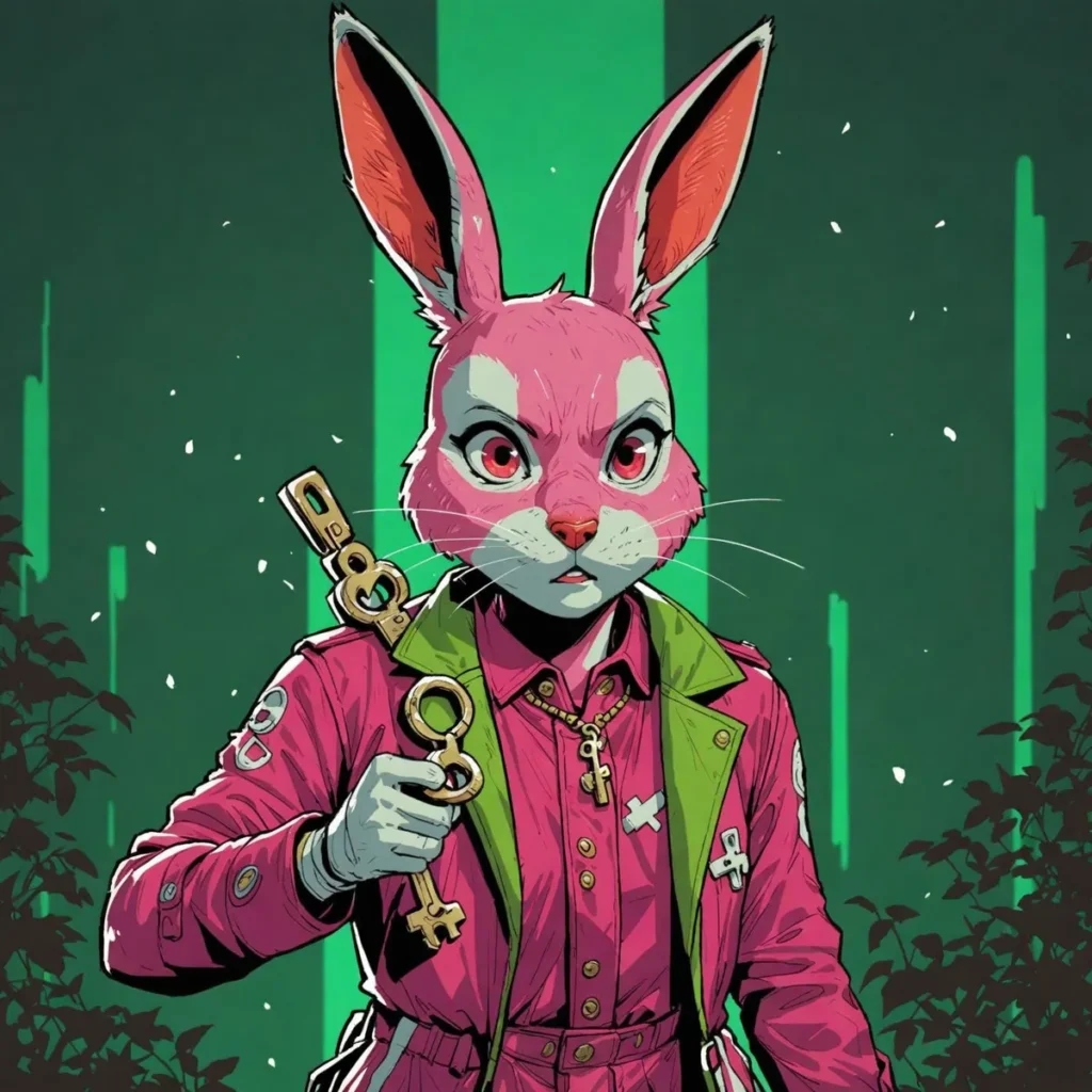 Anthropomorphic rabbit dressed in cyberpunk attire holding a key, set against a futuristic background. AI generated image using Stable Diffusion.
