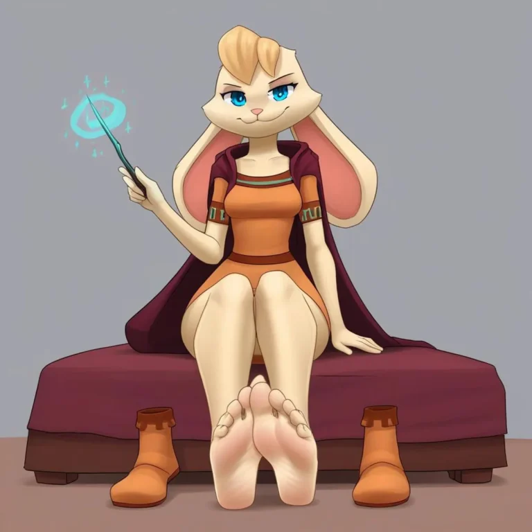 Illustration of an anthropomorphic rabbit in orange attire holding a magic wand. Created using Stable Diffusion.