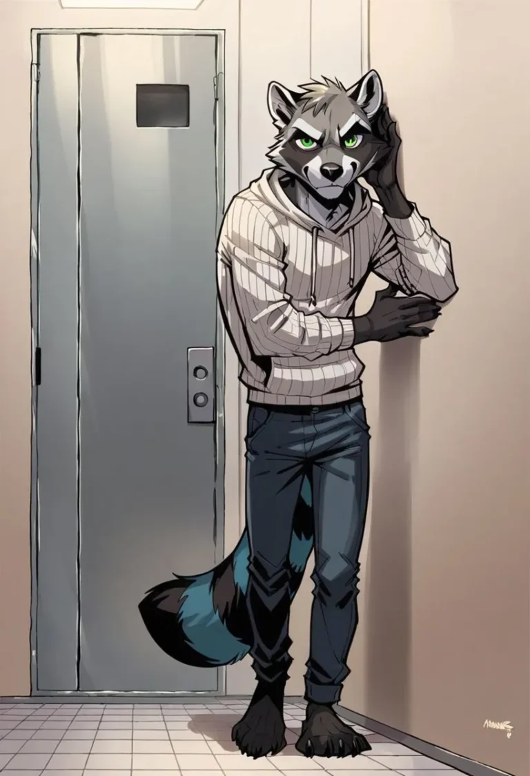 Anthropomorphic raccoon in casual clothing standing in a hallway. This is an AI generated image using stable diffusion.