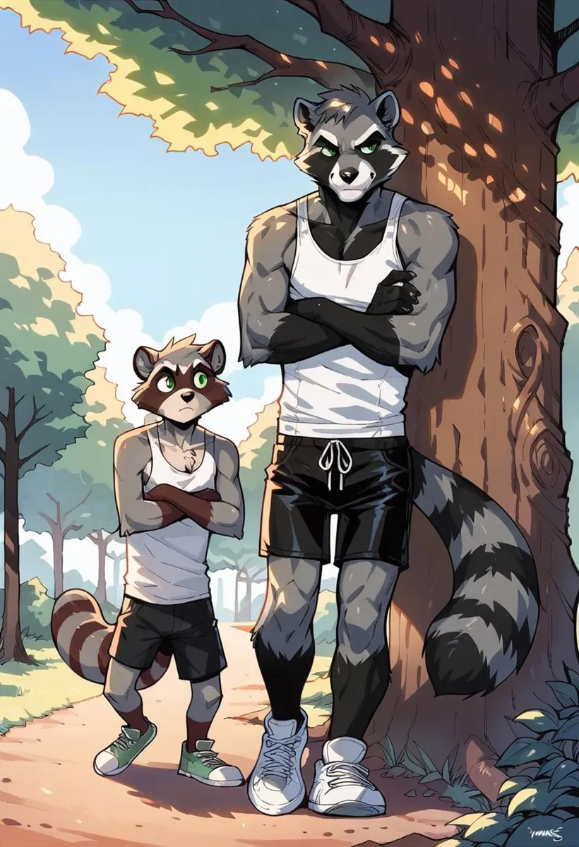 Anthropomorphic raccoon duo standing confidently in a forest setting. AI generated image using Stable Diffusion.