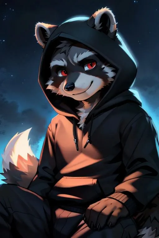 Anthropomorphic raccoon in a hooded outfit, anime style, AI generated image using stable diffusion.