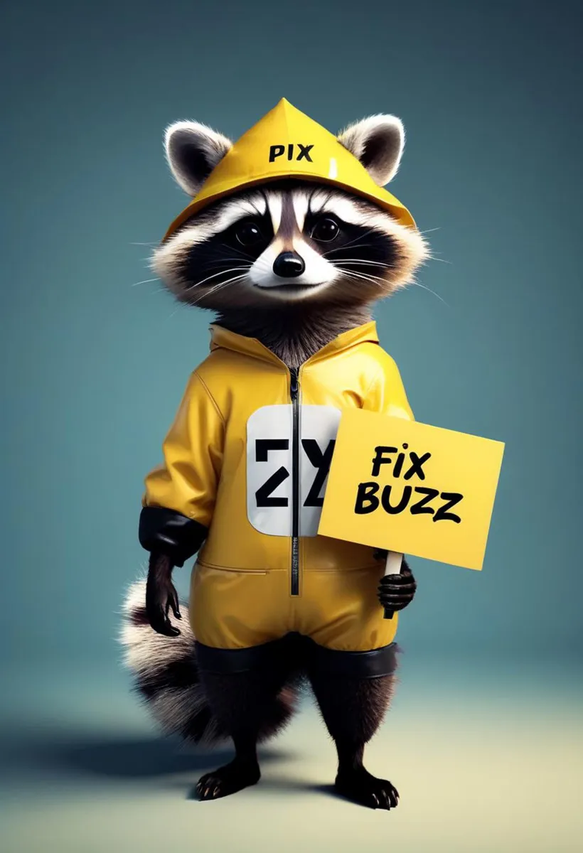 A cute AI-generated image of a raccoon wearing a yellow raincoat with a hood labeled 'PIX', holding a yellow sign that says 'Fix Buzz', created using Stable Diffusion.