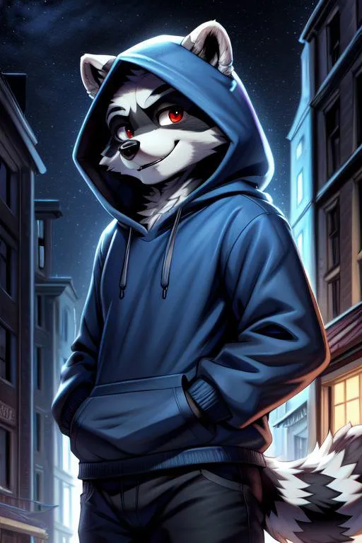 Anthropomorphic raccoon dressed in a blue hoodie standing in an urban night setting, AI generated using Stable Diffusion.