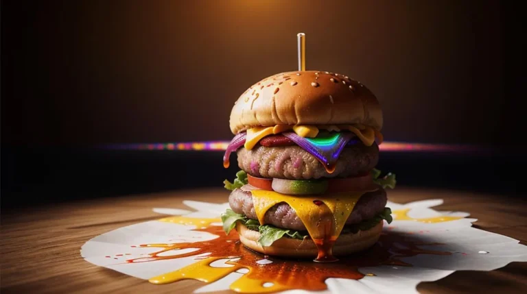 A colorful cheeseburger with vibrant layers, including rainbow-colored cheese, lettuce, tomato, and dripping sauce, on a wooden surface. AI generated image using Stable Diffusion.