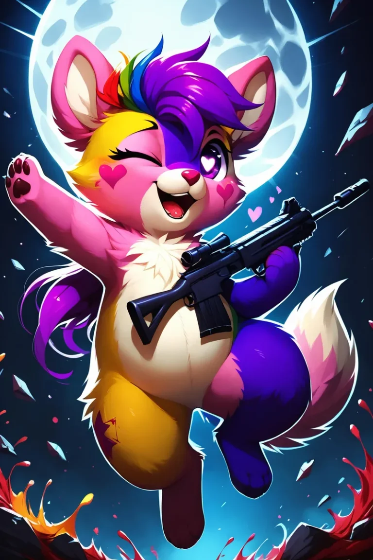 A rainbow-furred, playful fox with vibrant colors carrying a rifle, created using Stable Diffusion AI.