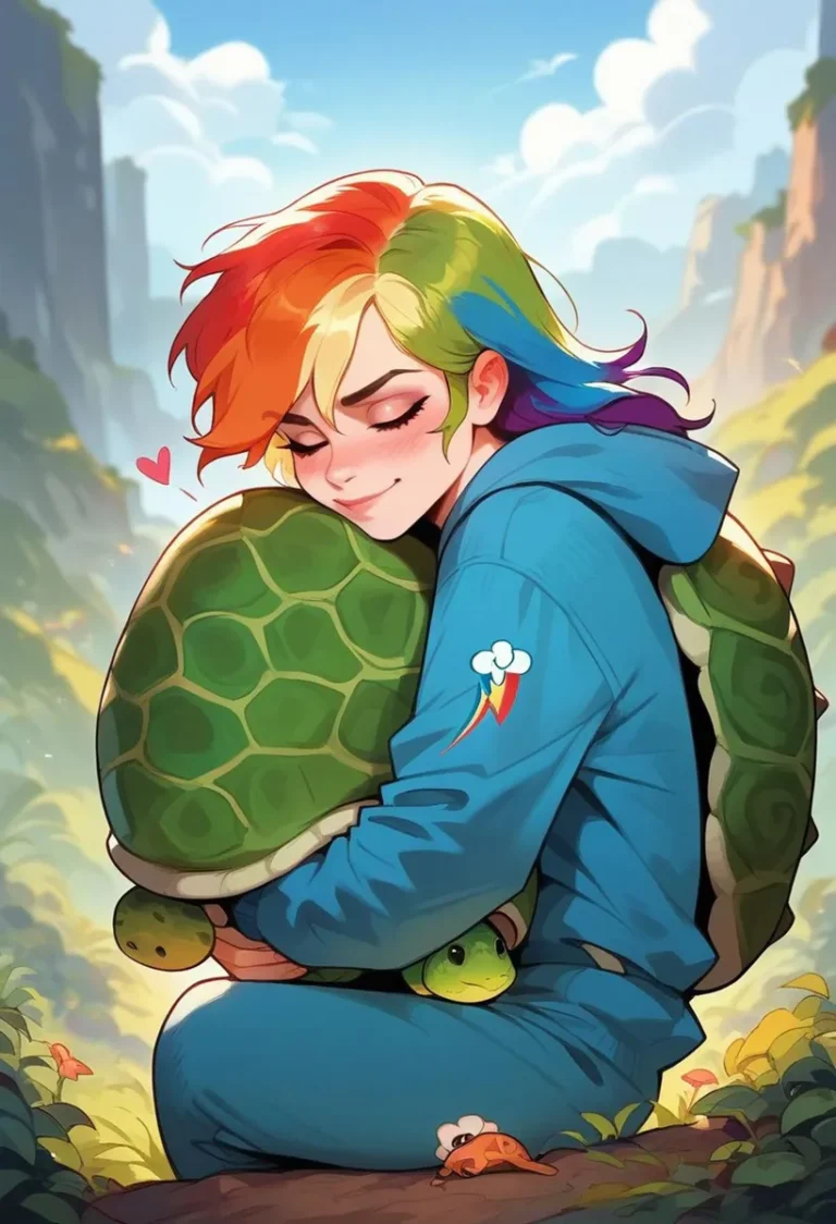 Anime style image of a girl with rainbow hair hugging a turtle. Emphasize that is this is an AI generated image using stable diffusion.