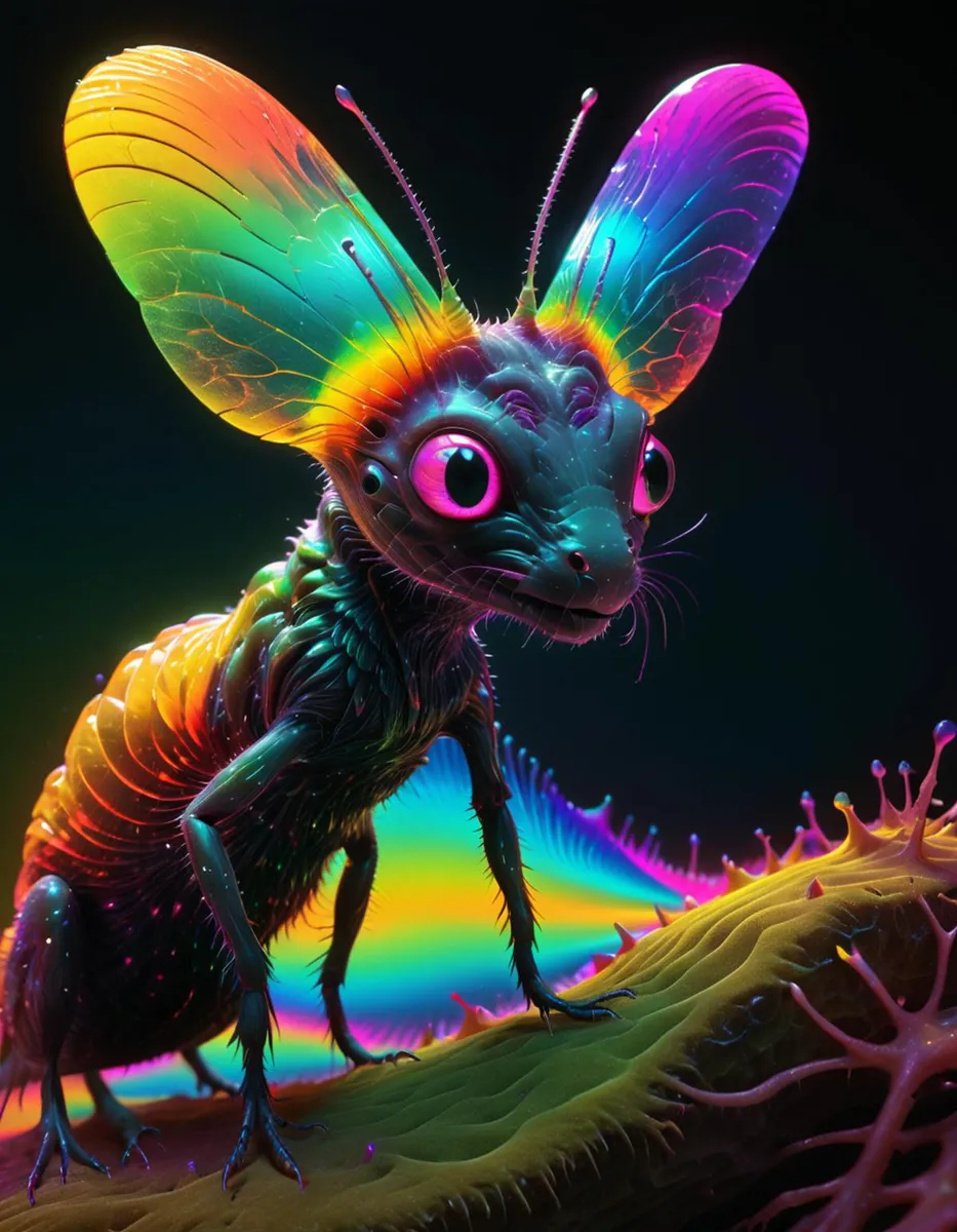 An AI generated image using stable diffusion of a vibrant, rainbow-colored alien insect with large eyes and intricate wings standing on a colorful, abstract surface.