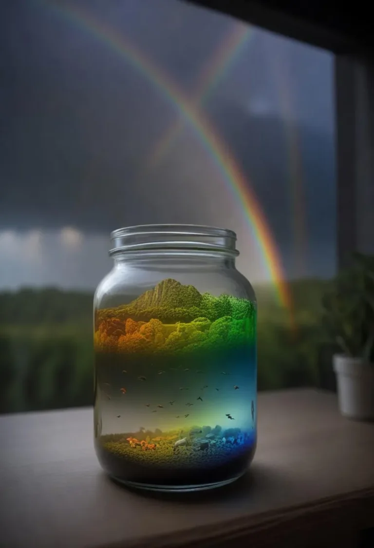 Miniature landscape with mountains, trees, and animals inside a glass jar. A rainbow is visible in the background. AI generated image using Stable Diffusion.
