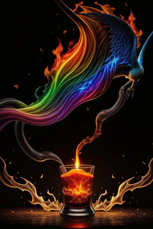 A rainbow-colored phoenix soaring above a fiery candle, AI generated image using Stable Diffusion.