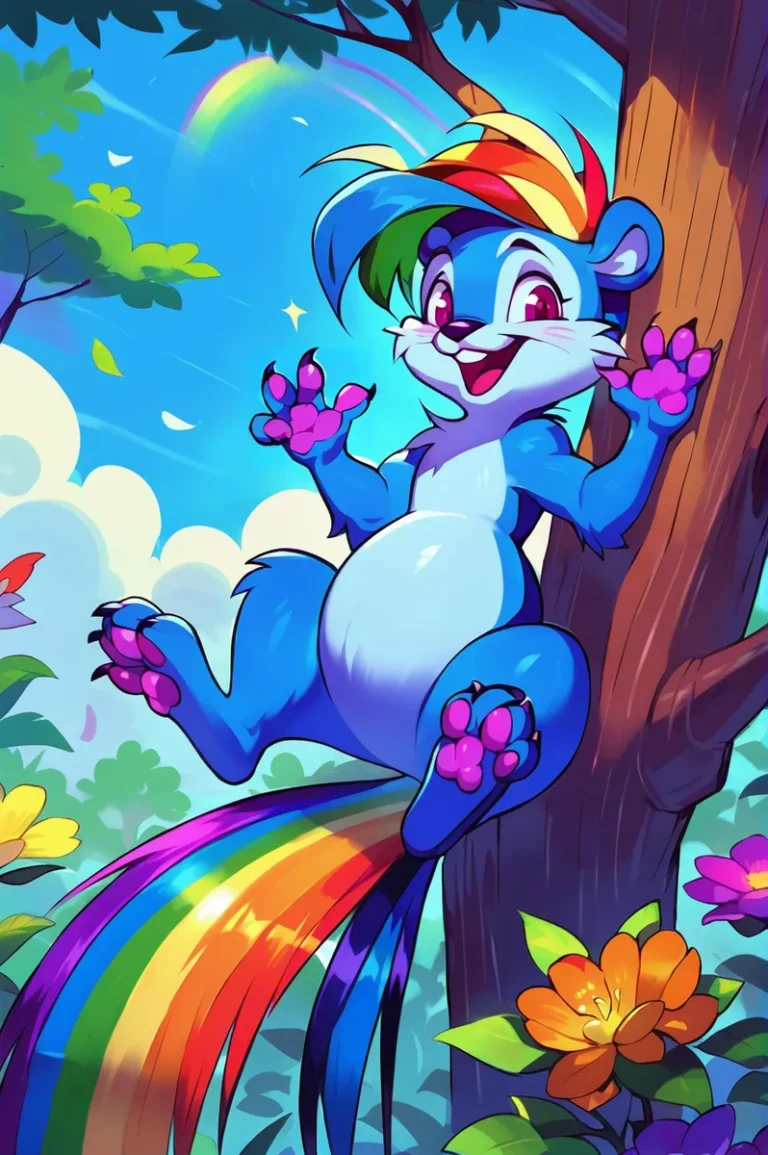 A playful, blue cartoon squirrel with a rainbow-colored tail, hanging on a tree with vibrant surroundings. AI generated image using Stable Diffusion.