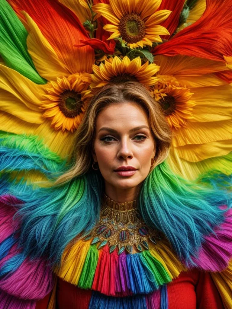 A colorful portrait of a woman with rainbow-colored hair and a sunflower headdress, wearing vibrant and intricate clothing. AI generated using Stable Diffusion.