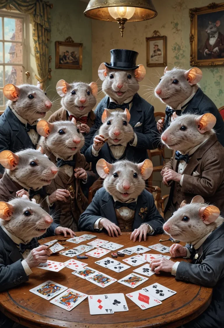 Anthropomorphic rats dressed in 19th-century attire playing poker in a vintage room. AI generated image using Stable Diffusion.