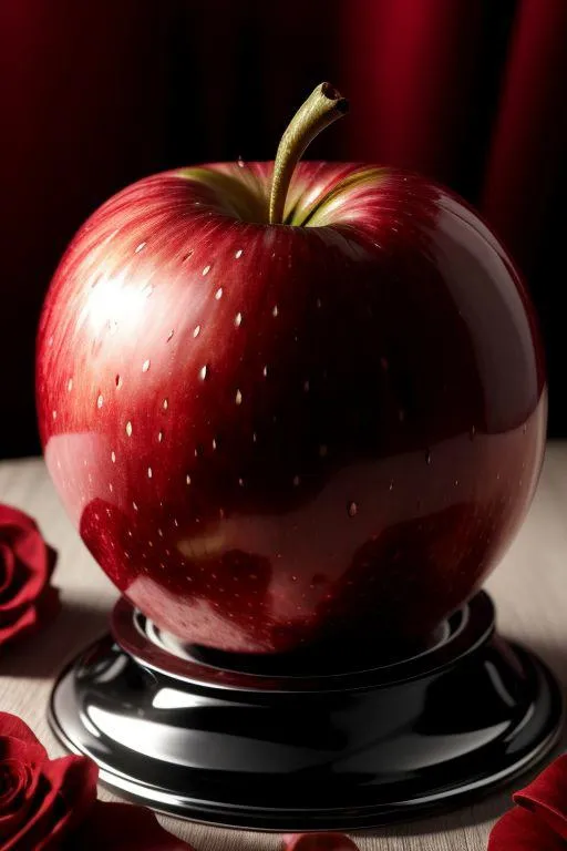 A highly realistic, artistic presentation of a red apple placed on a black pedestal with red roses in the background created using Stable Diffusion.