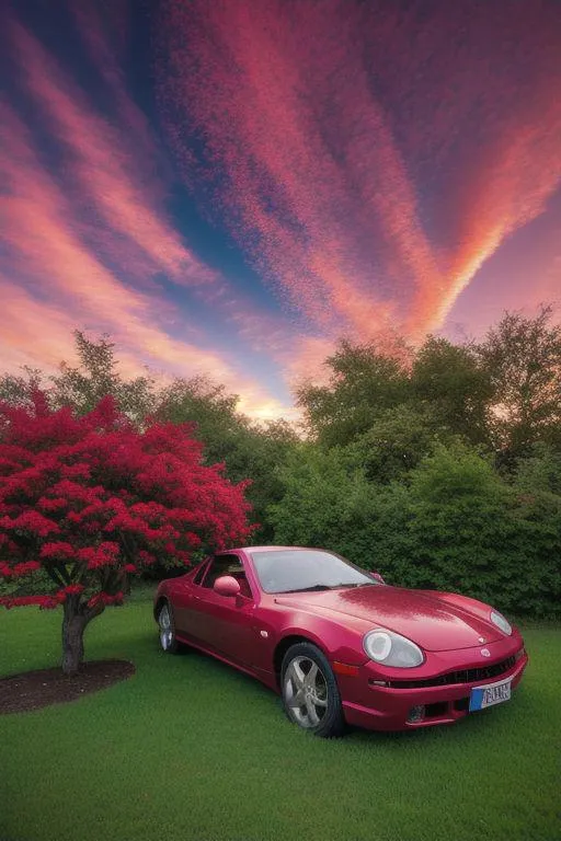 A red car parked on grass next to a vibrant red bush with a dramatic sunset sky in the background. This is an AI generated image using Stable Diffusion.