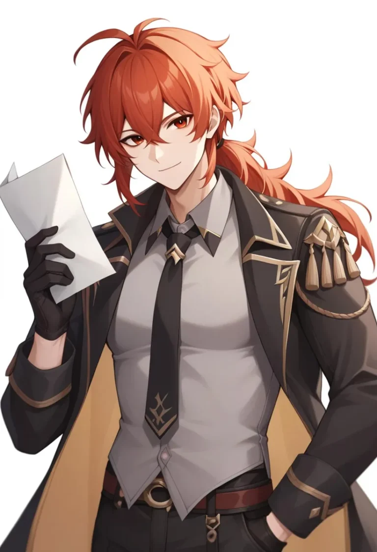 Red-haired anime character in a stylish outfit with a long coat and holding a piece of paper, AI generated using Stable Diffusion.