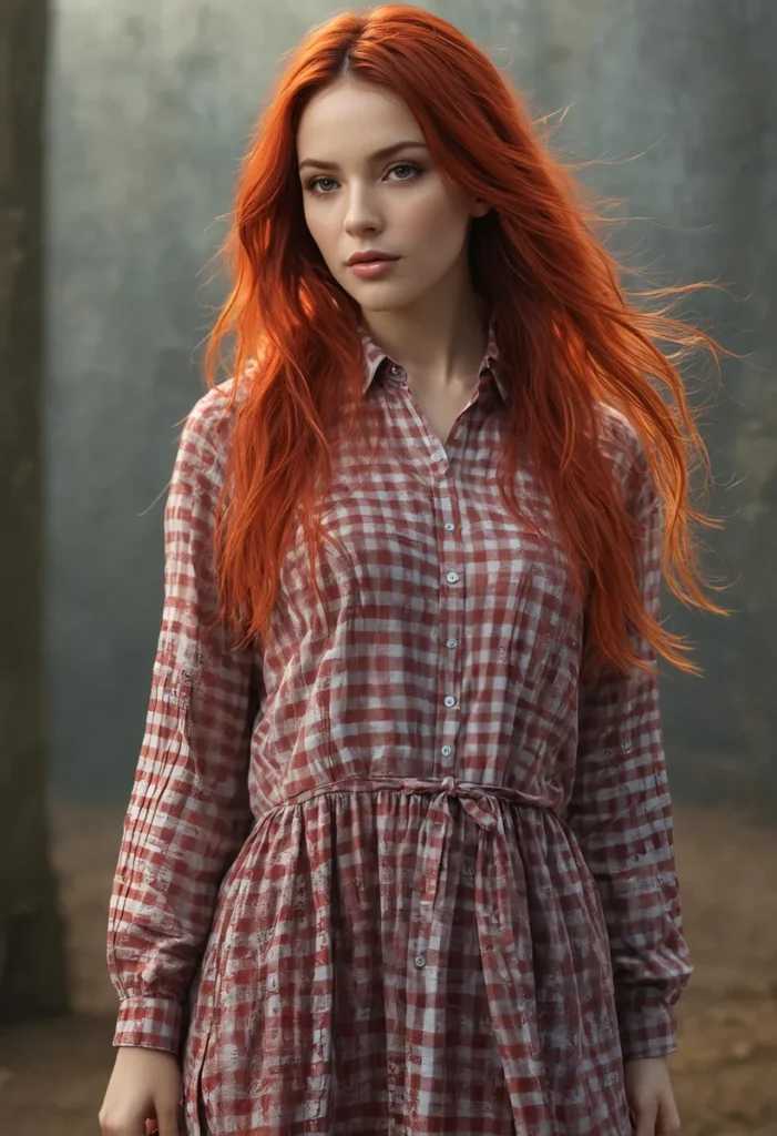 A realistic AI-generated image using Stable Diffusion features a red-haired woman in a plaid dress standing in a serene outdoor setting. The background has a misty atmosphere with soft lighting, creating a calm and almost ethereal mood.