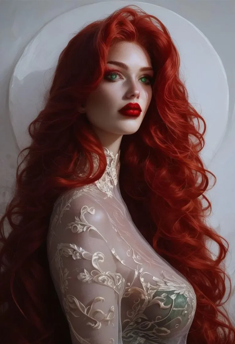 In an AI-generated image using stable diffusion, a striking woman with voluminous red hair and vibrant green eyes gazes thoughtfully into the distance. She is dressed in a delicate, translucent gown adorned with intricate floral patterns, exuding an elegant fantasy style.
