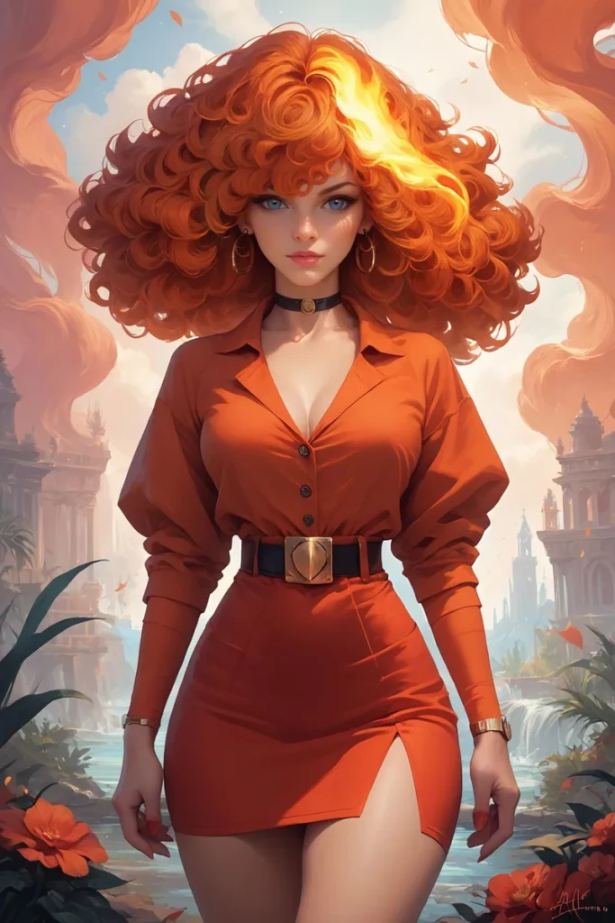 A striking AI generated image using Stable Diffusion featuring a red-haired woman with voluminous curls, wearing a stylish dress and standing against a fantasy background.