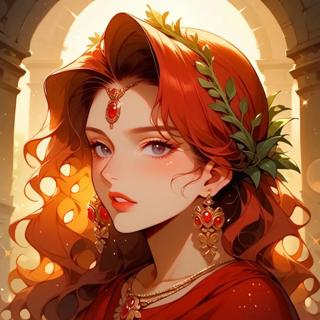 A beautiful red-haired woman with intricate jewelry and a laurel wreath, standing in a sunlit archway. This is an AI generated image using Stable Diffusion.