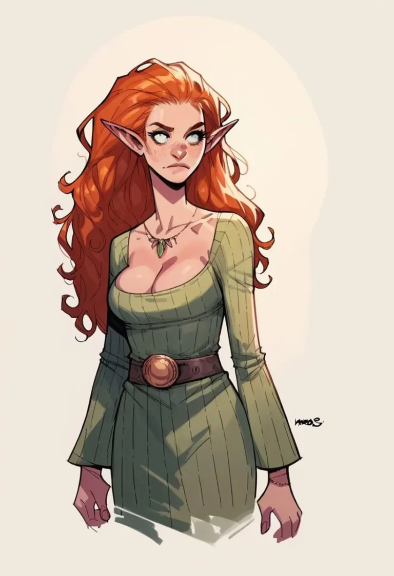 Fantasy character illustration of a red-haired elf with long pointed ears, wearing a green dress and a belt, created with stable diffusion.