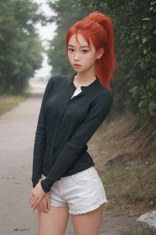 Outdoor portrait of a red-haired girl with a ponytail, wearing a dark sweater and white shorts. AI generated image using Stable Diffusion.