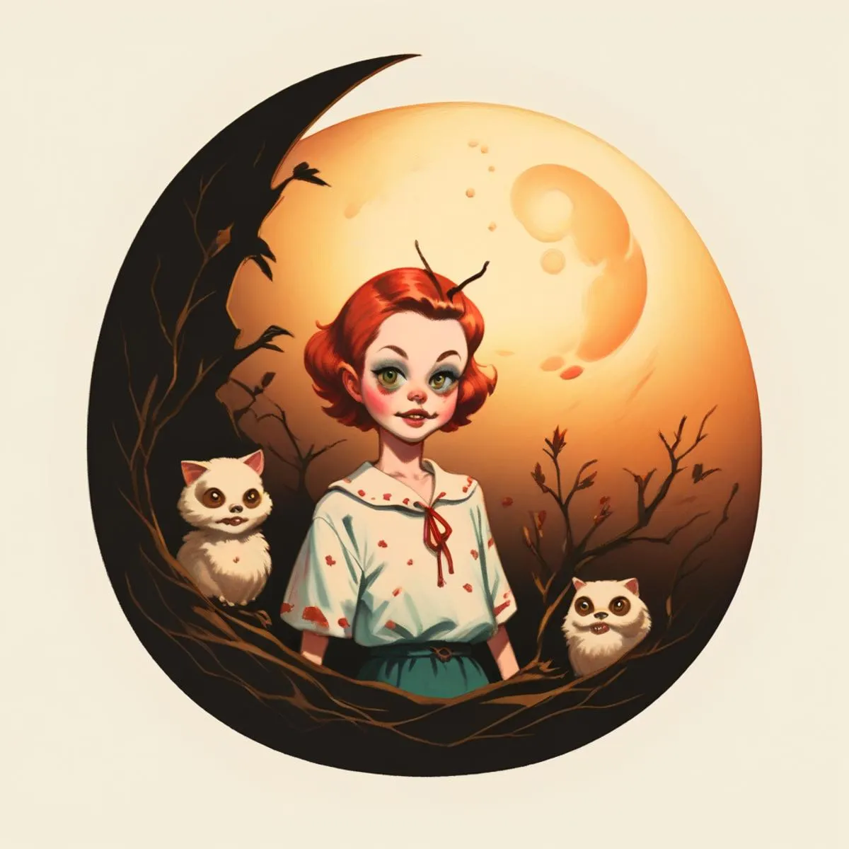 AI generated image of a girl with red hair, surrounded by two cats and a full moon background, created using Stable Diffusion.