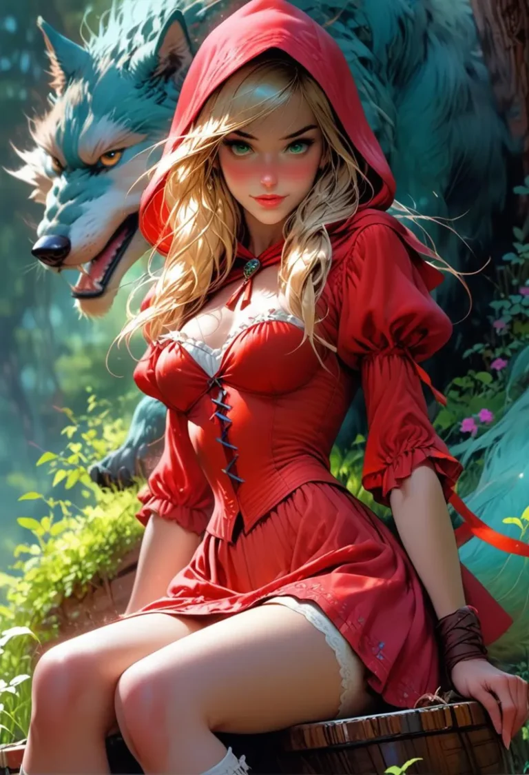 A fantasy depiction of Red Riding Hood in anime style, created using Stable Diffusion. Red Riding Hood, with flowing blonde hair, is dressed in a revealing red hooded outfit, sitting with a serious expression. A large, menacing wolf lurks behind her in a dense, lush forest.