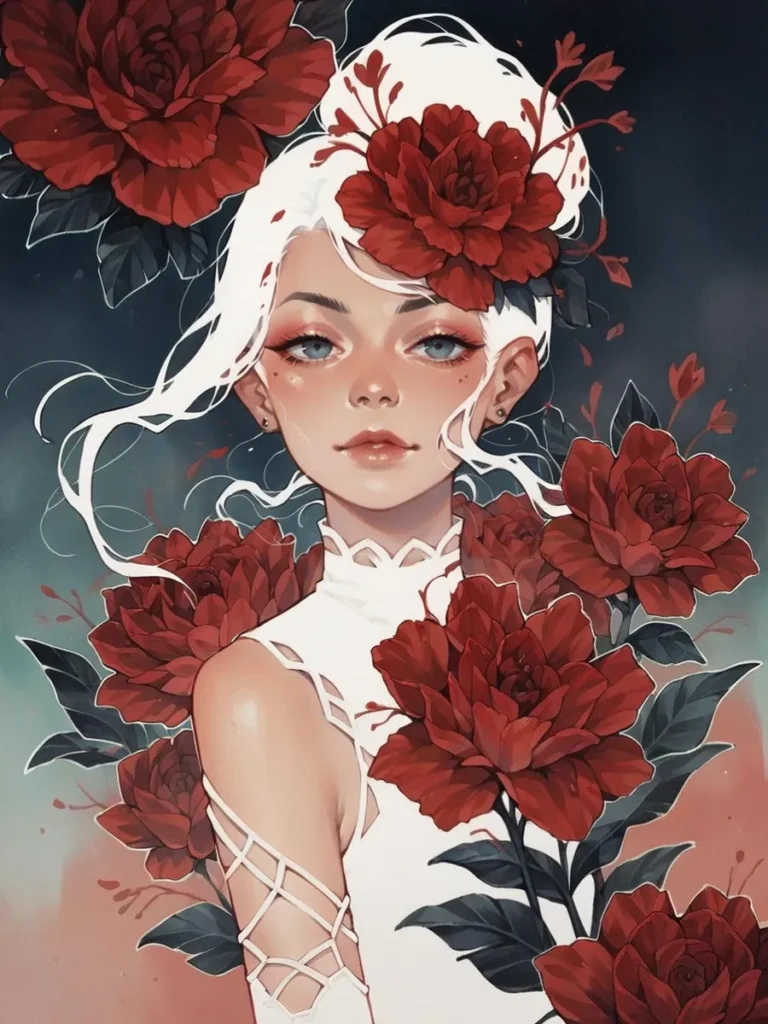 Anime-style girl with white hair adorned with red roses. The piece is an AI generated image using Stable Diffusion.