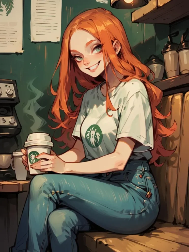 Anime style image of a redhead woman in a coffee shop holding a coffee cup, created using Stable Diffusion.