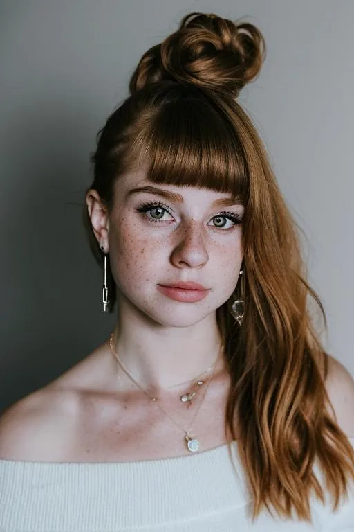 Portrait of a redhead woman with freckles, created by AI using Stable Diffusion.