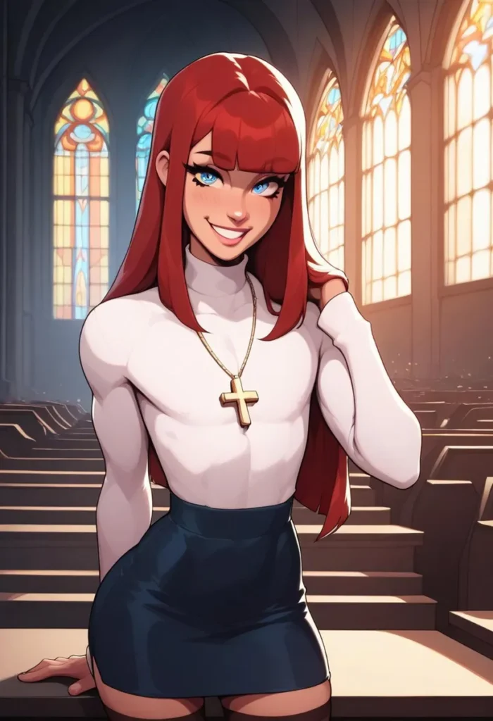 Anime style redhead girl with blue eyes in a church, wearing a white turtleneck and a gold cross necklace, AI generated using Stable Diffusion.