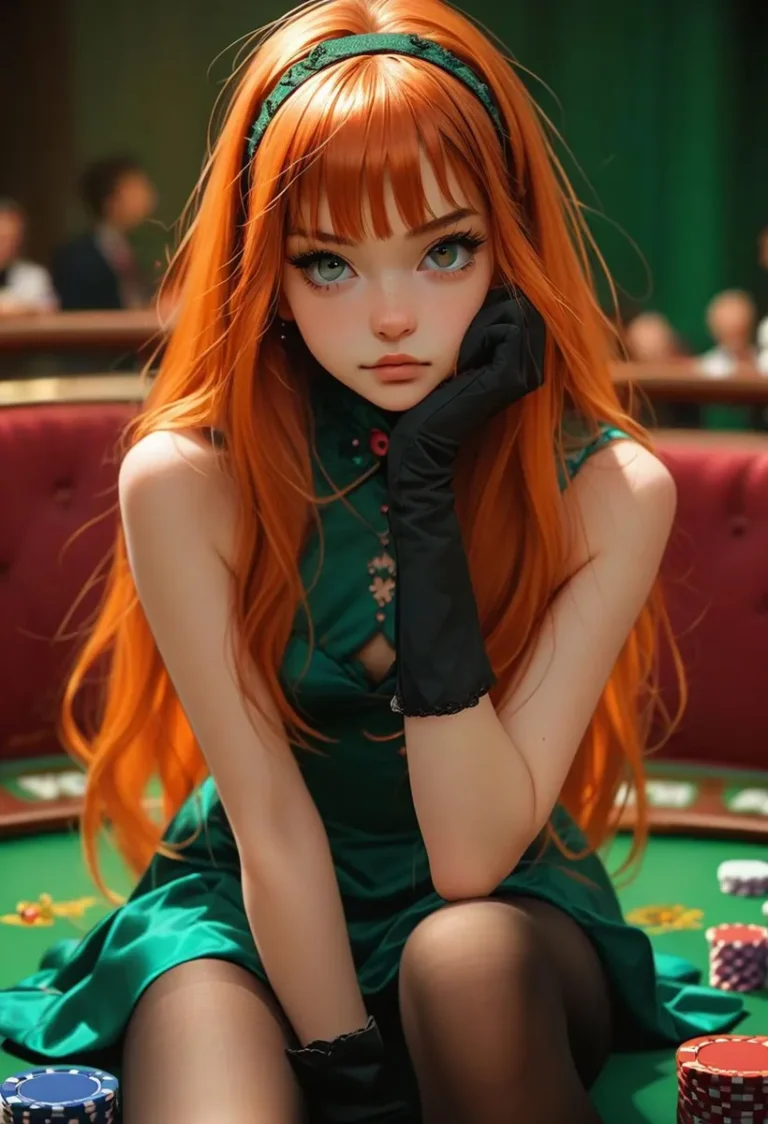 An AI-generated image of a redhead anime girl sitting at a poker table, created using Stable Diffusion.