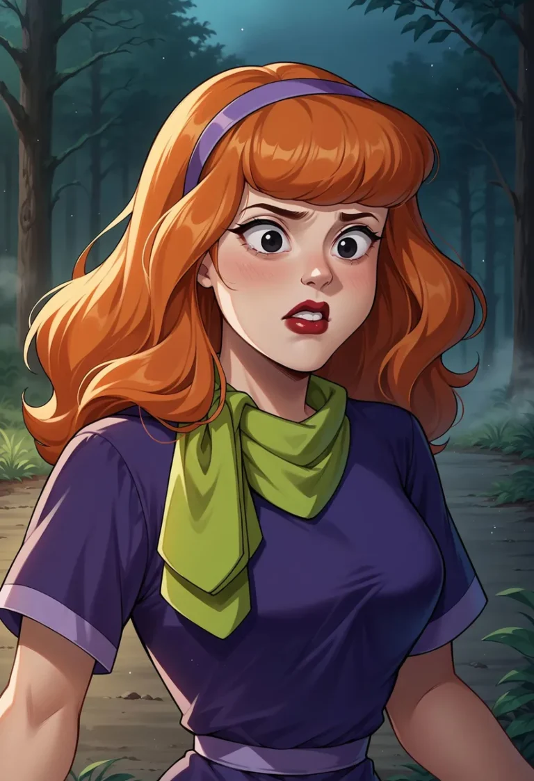 AI generated image of a redhead cartoon character with a surprised expression, set against a forest background. Created using Stable Diffusion.