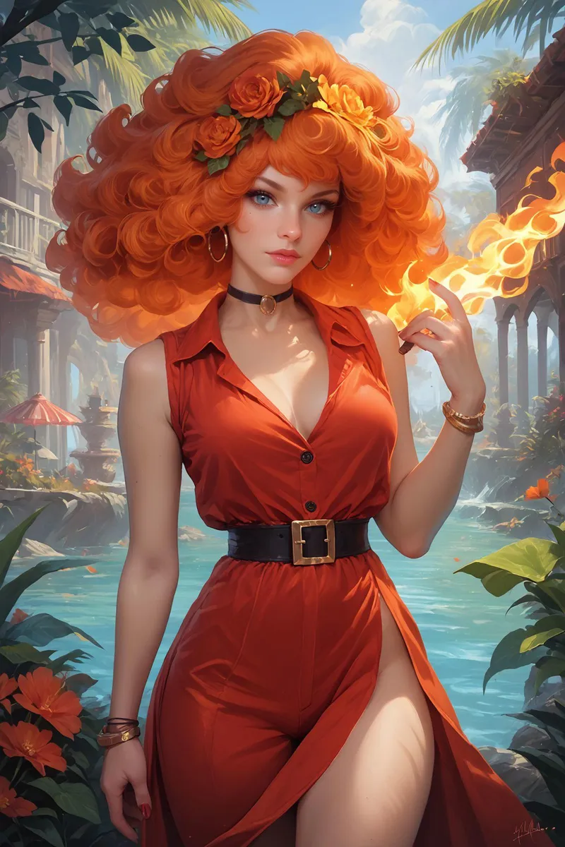 A stunning redhead fantasy character with voluminous fiery red hair, dressed in a sleeveless red dress with a black belt, set against a tropical background. AI generated image using Stable Diffusion.