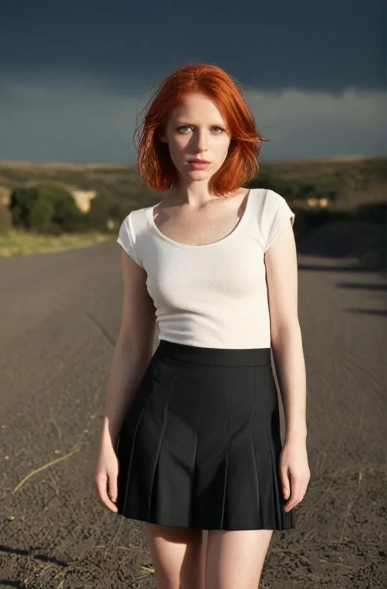 AI generated image of a redhead woman with a scenic background wearing a minimalist outfit using Stable Diffusion.