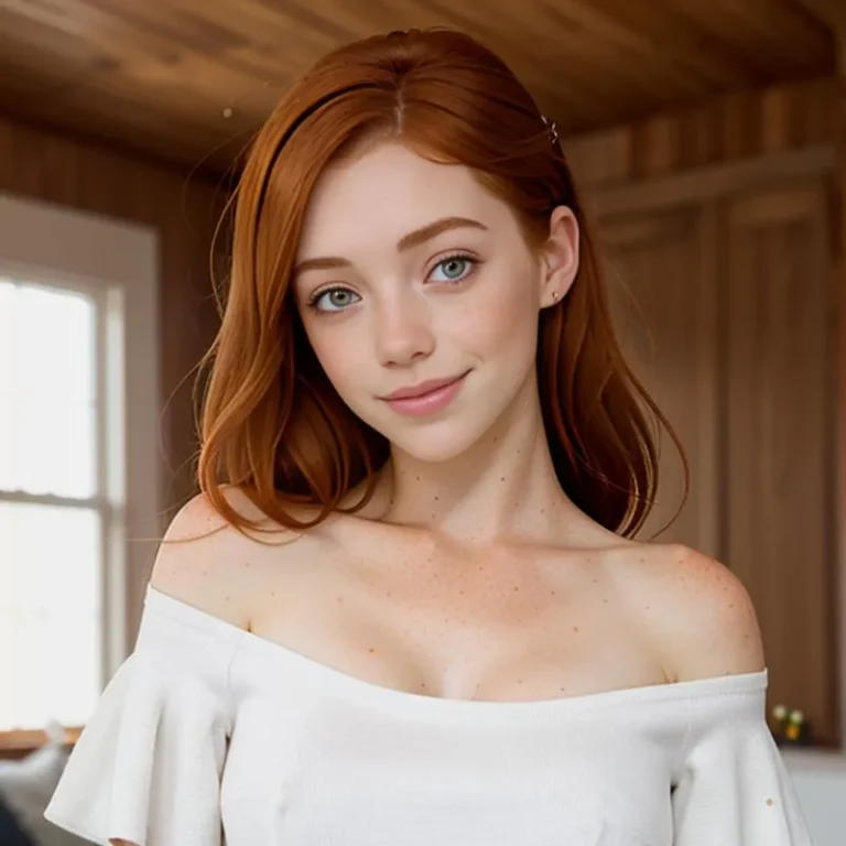 A redhead woman with natural beauty, dressed in a white off-shoulder top, created using AI in Stable Diffusion.