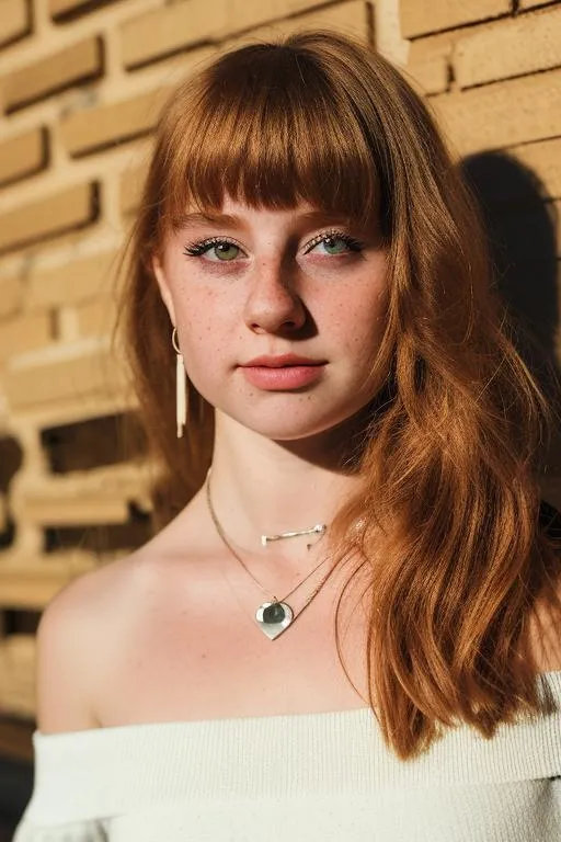 A sunlit portrait of a redheaded woman with light makeup and green eyes, wearing earrings and necklaces, with sunlight casting shadows from a brick wall behind her. AI generated using Stable Diffusion.